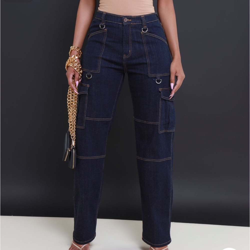 Out the Mud High Rise Top Stitch Cargo Pants Dark Blue